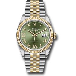  *Pre-Owned* Rolex Steel and Yellow Gold Rolesor Datejust 36 Watch - Fluted Bezel - Olive Green Roman Dial - Jubilee Bracelet