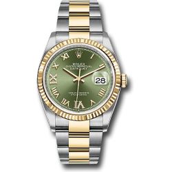  *Pre-Owned* Rolex Steel and Yellow Gold Rolesor Datejust 36 Watch - Fluted Bezel - Olive Green Roman Dial - Oyster Bracelet