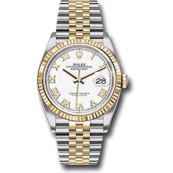  *Pre-Owned* Rolex Steel and Yellow Gold Rolesor Datejust 36 Watch - Fluted Bezel - White Roman Dial - Jubilee Bracelet