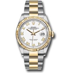  *Pre-Owned* Rolex Steel and Yellow Gold Rolesor Datejust 36 Watch - Fluted Bezel - White Roman Dial - Oyster Bracelet