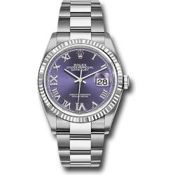  *Pre-Owned* Rolex Steel Datejust 36 Watch - Fluted Bezel - Aubergine Purple Diamond Roman VI and IX Dial - Oyster Bracelet