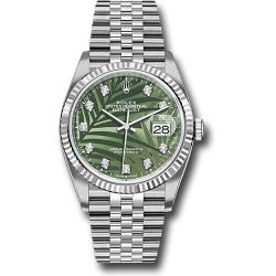  *Pre-Owned* Rolex White Rolesor Datejust 36 Watch - Fluted Bezel - Olive Green Palm Motif Diamond 6 Dial - Jubilee Bracelet