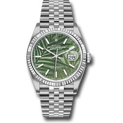  *Pre-Owned* Rolex White Rolesor Datejust 36 Watch - Fluted Bezel - Olive Green Palm Motif Dial - Jubilee Bracelet - 2021 Release