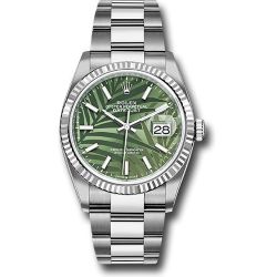  *Pre-Owned* Rolex White Rolesor Datejust 36 Watch - Fluted Bezel - Olive Green Palm Motif Dial - Oyster Bracelet - 2021 Release