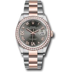  *Pre-Owned* Rolex Steel and Everose Rolesor Datejust 36 Watch - Diamond Bezel - Dark Rhodium Roman Dial - Oyster Bracelet