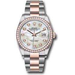  *Pre-Owned* Rolex Steel and Everose Rolesor Datejust 36 Watch - Diamond Bezel - White Mother-Of-Pearl Diamond Dial - Oyster Bracelet