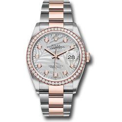  *Pre-Owned* Rolex Everose Rolesor Datejust 36 Watch - Diamond Bezel - Silver Palm Motif Diamond Dial - Oyster Bracelet
