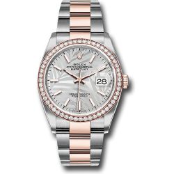  *Pre-Owned* Rolex Everose Rolesor Datejust 36 Watch - Diamond Bezel - Silver Palm Motif Index Dial - Oyster Bracelet