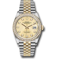  *Pre-Owned* Rolex Yellow Rolesor Datejust 36 Watch - Diamond Bezel - Golden Fluted Motif Diamond Dial - Jubilee Bracelet