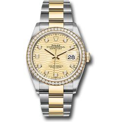  *Pre-Owned* Rolex Yellow Rolesor Datejust 36 Watch - Diamond Bezel - Golden Fluted Motif Diamond Dial - Oyster Bracelet