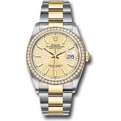  *Pre-Owned* Rolex Yellow Rolesor Datejust 36 Watch - Diamond Bezel - Golden Fluted Motif Index Dial - Oyster Bracelet