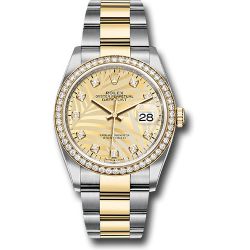  *Pre-Owned* Rolex Yellow Rolesor Datejust 36 Watch - Diamond Bezel - Golden Palm Motif Diamond Dial - Oyster Bracelet