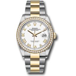  *Pre-Owned* Rolex Steel and Yellow Gold Rolesor Datejust 36 Watch - Diamond Bezel - White Roman Dial - Oyster Bracelet