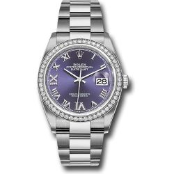  *Pre-Owned* Rolex Steel Datejust 36 Watch - Diamond Bezel - Aubergine Purple Diamond Roman VI and IX Dial - Oyster Bracelet