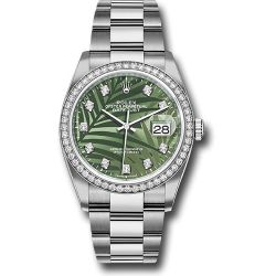  *Pre-Owned* Rolex White Rolesor Datejust 36 Watch - Diamond Bezel - Olive Green Palm Motif Diamond 6 Dial - Oyster Bracelet