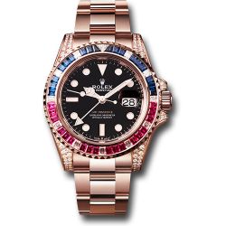  *Pre-Owned* Rolex Everose GMT-Master II 40 Watch - Diamond Lugs - Diamond Sapphire Emerald Bezel - Black Dial - Oyster Bracelet