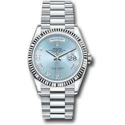  *Pre-Owned* Rolex Platinum Day-Date 36 Watch - Fluted Bezel - Ice Blue Roman Dial - President Bracelet