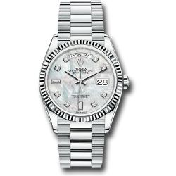  *Pre-Owned* Rolex Platinum Day-Date 36 Watch - Fluted Bezel - White Mother-Of-Pearl Diamond Dial - President Bracelet