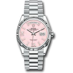 *Pre-Owned* Rolex Platinum Day-Date 36 Watch - Fluted Bezel - Pink Opal Diamond Index Roman 9 Dial - President Bracelet
