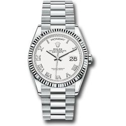  *Pre-Owned* Rolex Platinum Day-Date 36 Watch - Fluted Bezel - White Roman Dial - President Bracelet