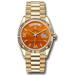  *Pre-Owned* Rolex Yellow Gold Day-Date 36 Watch - Fluted Bezel - Carnelian Diamond Index Roman 9 Dial - President Bracelet
