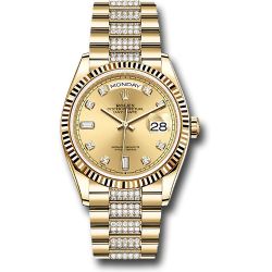   *Pre-Owned* Rolex Yellow Gold Day-Date 36 Watch - Fluted Bezel - Champagne Diamond Dial - Diamond President Bracelet