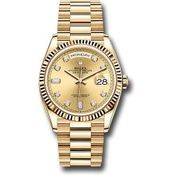  *Pre-Owned* Rolex Yellow Gold Day-Date 36 Watch - Fluted Bezel - Champagne Diamond Dial - President Bracelet