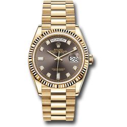 *Pre-Owned* Rolex Yellow Gold Day-Date 36 Watch - Fluted Bezel - Dark Grey Diamond Dial - President Bracelet