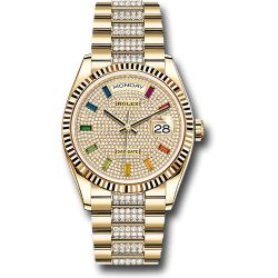  *Pre-Owned* Rolex Yellow Gold Day-Date 36 Watch - Fluted Bezel - Diamond-Paved Dial - Diamond President Bracelet