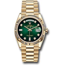  *Pre-Owned* Rolex Yellow Gold Day-Date 36 Watch - Fluted Bezel - Green OmbreÌ Diamond Dial - President Bracelet