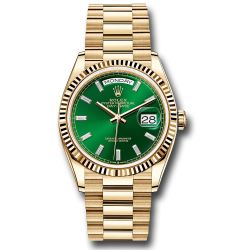  *Pre-Owned* Rolex Yellow Gold Day-Date 36 Watch - Fluted Bezel - Green Dial - President Bracelet