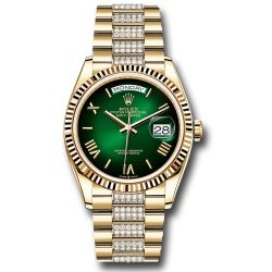 *Pre-Owned* Rolex Yellow Gold Day-Date 36 Watch - Fluted Bezel - Green Ombré Roman Dial - Diamond President Bracelet