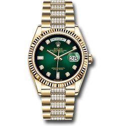  *Pre-Owned* Rolex Yellow Gold Day-Date 36 Watch - Fluted Bezel - Green OmbrÃ© Diamond Dial - Diamond President Bracelet