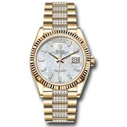  *Pre-Owned* Rolex Yellow Gold Day-Date 36 Watch - Fluted Bezel - White Mother-Of-Pearl Dial - Diamond President Bracelet