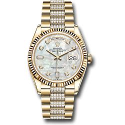  *Pre-Owned* Rolex Yellow Gold Day-Date 36 Watch - Fluted Bezel - White Mother-Of-Pearl Diamond Dial - Diamond President Bracelet
