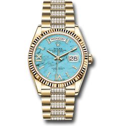  *Pre-Owned* Rolex Yellow Gold Day-Date 36 Watch - Fluted Bezel - Turquoise Diamond Index Roman 9 Dial - Diamond President Bracelet