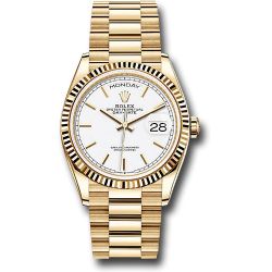  *Pre-Owned* Rolex Yellow Gold Day-Date 36 Watch - Fluted Bezel - White Index Dial - President Bracelet