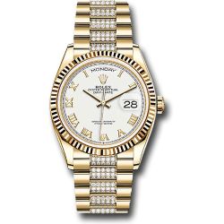 *Pre-Owned* Rolex Yellow Gold Day-Date 36 Watch - Fluted Bezel - White Roman Dial - Diamond President Bracelet