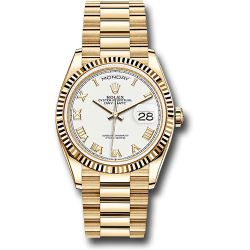  *Pre-Owned* Rolex Yellow Gold Day-Date 36 Watch - Fluted Bezel - White Roman Dial - President Bracelet