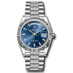  *Pre-Owned* Rolex White Gold Day-Date 36 Watch - Fluted Bezel - Blue Dial - Diamond President Bracelet