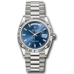  *Pre-Owned* Rolex White Gold Day-Date 36 Watch - Fluted Bezel - Blue Dial - President Bracelet