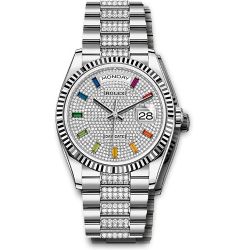  *Pre-Owned* Rolex White Gold Day-Date 36 Watch - Fluted Bezel - Diamond-Paved Dial - Diamond President Bracelet