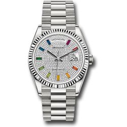  *Pre-Owned* Rolex White Gold Day-Date 36 Watch - Fluted Bezel - Diamond Paved Rainbow Sapphire Dial - President Bracelet