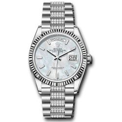  *Pre-Owned* Rolex White Gold Day-Date 36 Watch - Fluted Bezel - White Mother-Of-Pearl Dial - Diamond President Bracelet