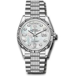  *Pre-Owned* Rolex White Gold Day-Date 36 Watch - Fluted Bezel - White Mother-Of-Pearl Diamond Dial - Diamond President Bracelet