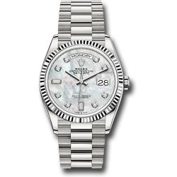  *Pre-Owned* Rolex White Gold Day-Date 36 Watch - Fluted Bezel - Mother-of-Pearl Diamond Dial - President Bracelet