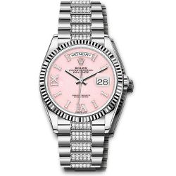  *Pre-Owned* Rolex White Gold Day-Date 36 Watch - Fluted Bezel - Pink Opal Diamond Index Roman 9 Dial - Diamond President Bracelet