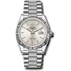  *Pre-Owned* Rolex White Gold Day-Date 36 Watch - Fluted Bezel - Silver Index Dial - Diamond President Bracelet