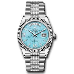  *Pre-Owned* Rolex White Gold Day-Date 36 Watch - Fluted Bezel - Turquoise Diamond Index Roman 9 Dial - Diamond President Bracelet