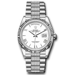  *Pre-Owned* Rolex White Gold Day-Date 36 Watch - Fluted Bezel - White Roman Dial - Diamond President Bracelet